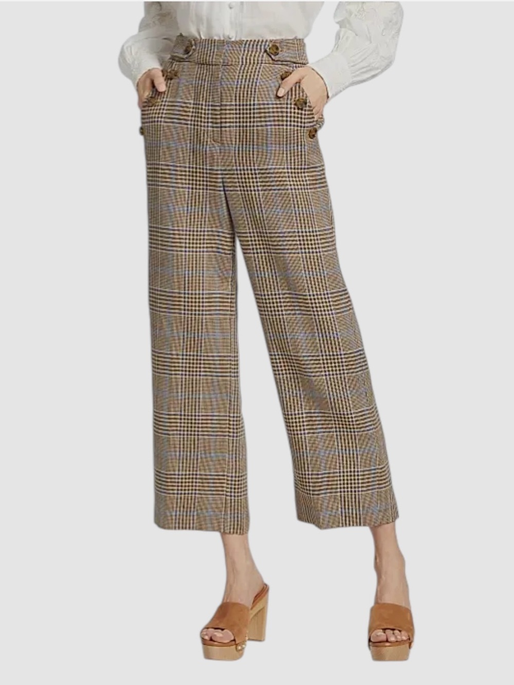 Veronica Beard Hunter plaid wide-leg linen-blend cropped pants sailor button 6